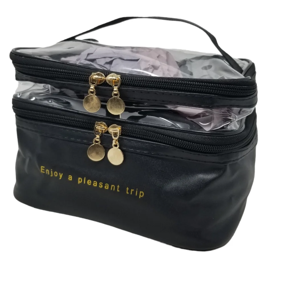 Double layer Black cosmetic bag with Clear top